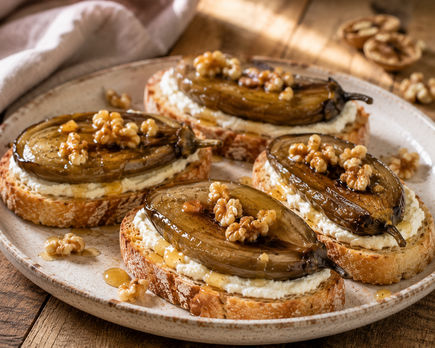 Tostas de Berenjena de Almagro con IGP y Miel de La Alcarria con DOP